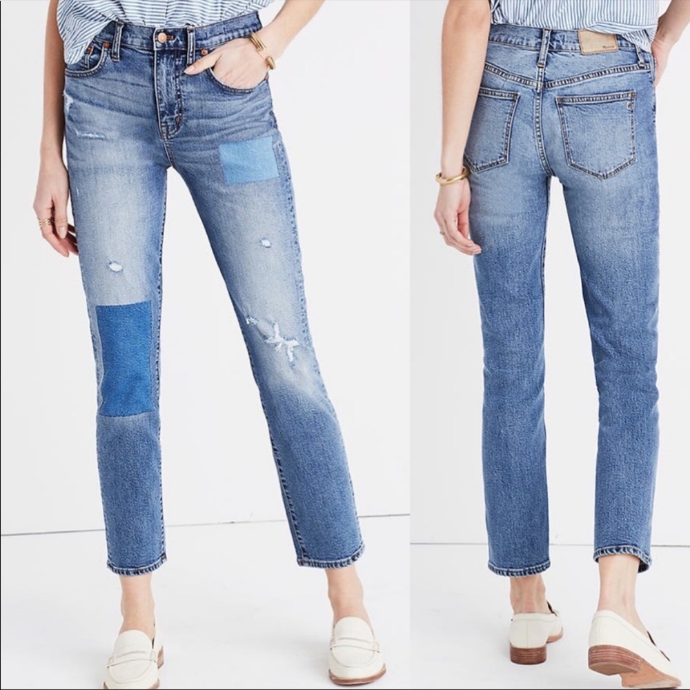 Madewell Cruiser Straight Patched Distressed Jeans